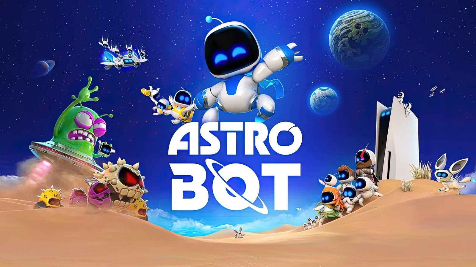 Astro Bot key art: the small white and blue robot leaping above a desert landscape, surrounded by dozens of other bots, alien creatures and a PlayStation 5 console standing like a monolith.