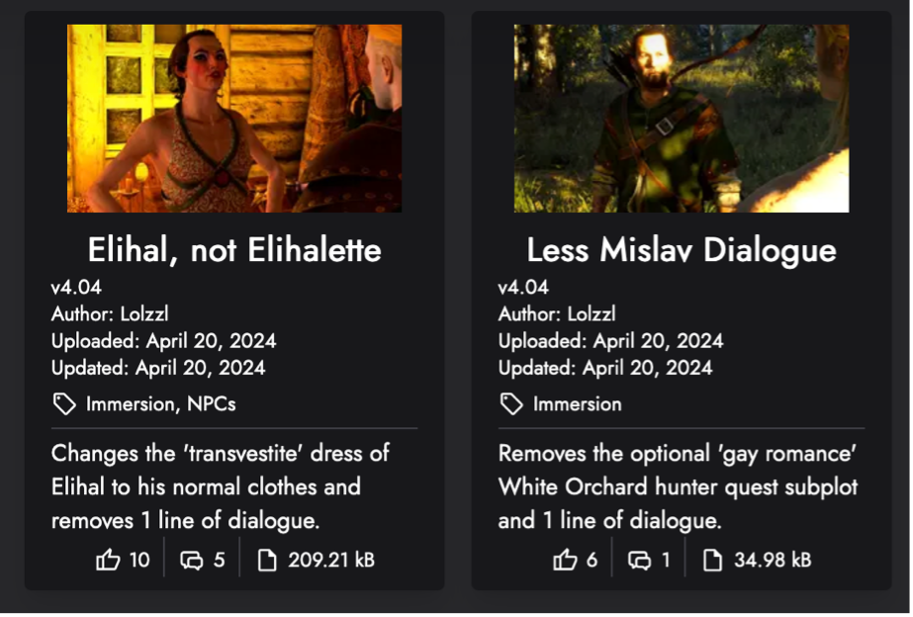 Two mod listings on ModHQ: 'Elihal, not Elihalette', which changes a character's dress back to his normal clothes and removes a line of dialogue, and 'Less Mislav Dialogue', which removes an optional gay romance subplot and one line of dialogue.